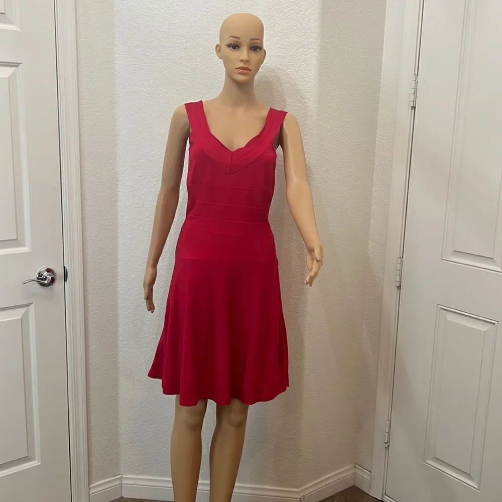 Armani Exchange Medium Red Mini Dress V Neck & Back Sleeveless Slimming Waist